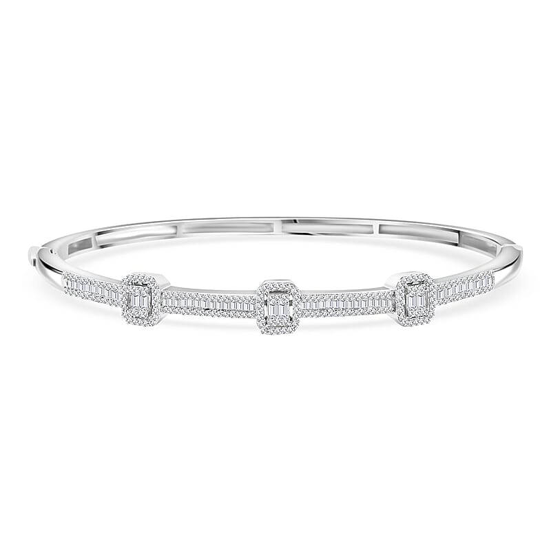 D'Joy White Diamond 1.00 ctw Art Deco Bangle Bracelet in Rhodium Over Sterling Silver (7.25 In)