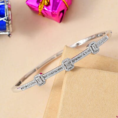 D'Joy White Diamond 1.00 ctw Art Deco Bangle Bracelet in Rhodium Over Sterling Silver (7.25 In)