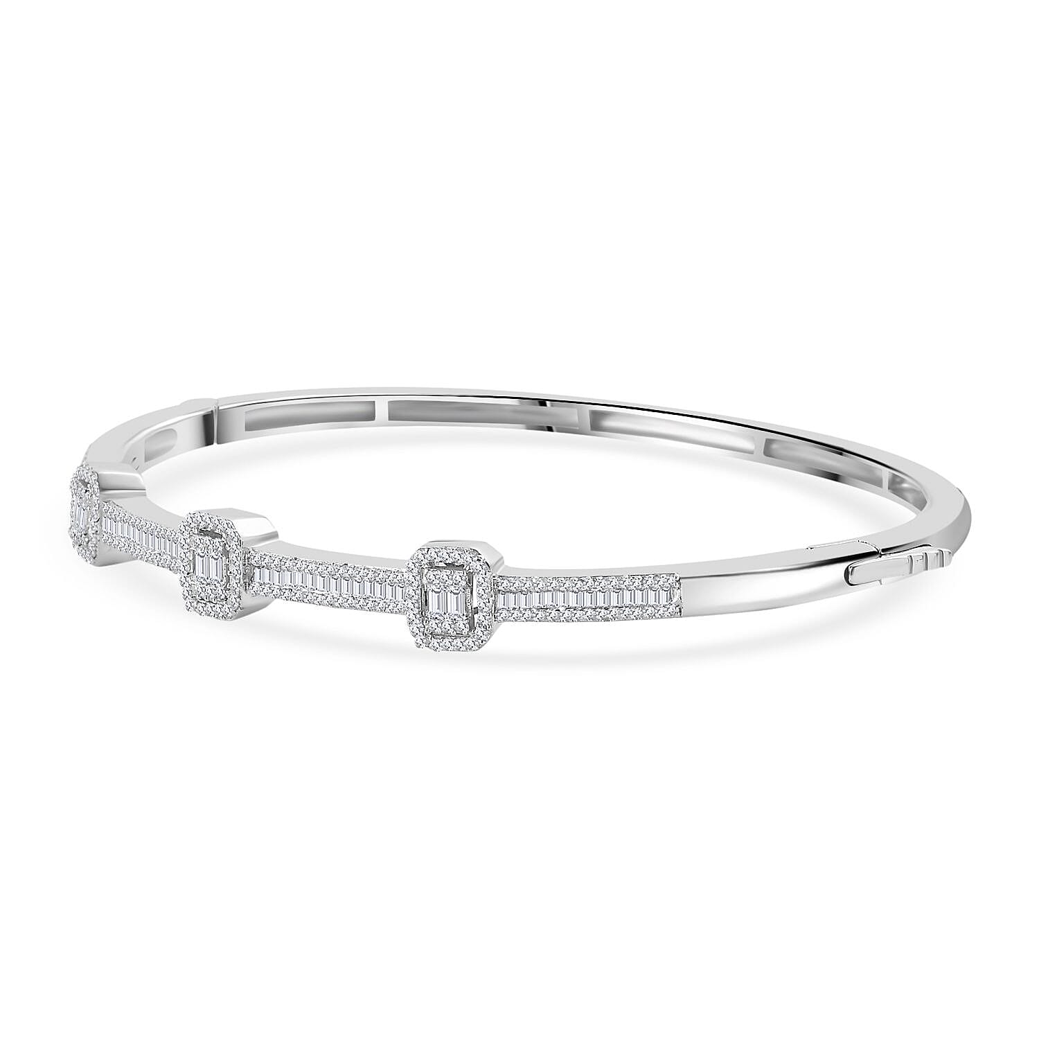 D'Joy White Diamond 1.00 ctw Art Deco Bangle Bracelet in Rhodium Over Sterling Silver (7.25 In)
