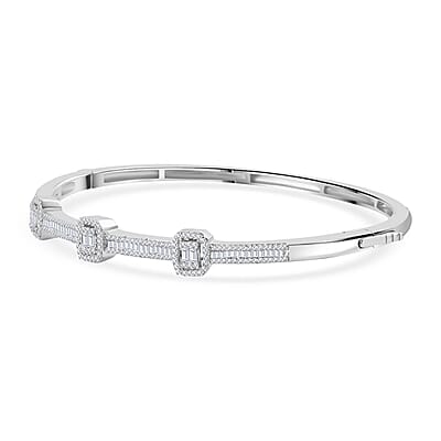 D'Joy White Diamond 1.00 ctw Art Deco Bangle Bracelet in Rhodium Over Sterling Silver (7.25 In)