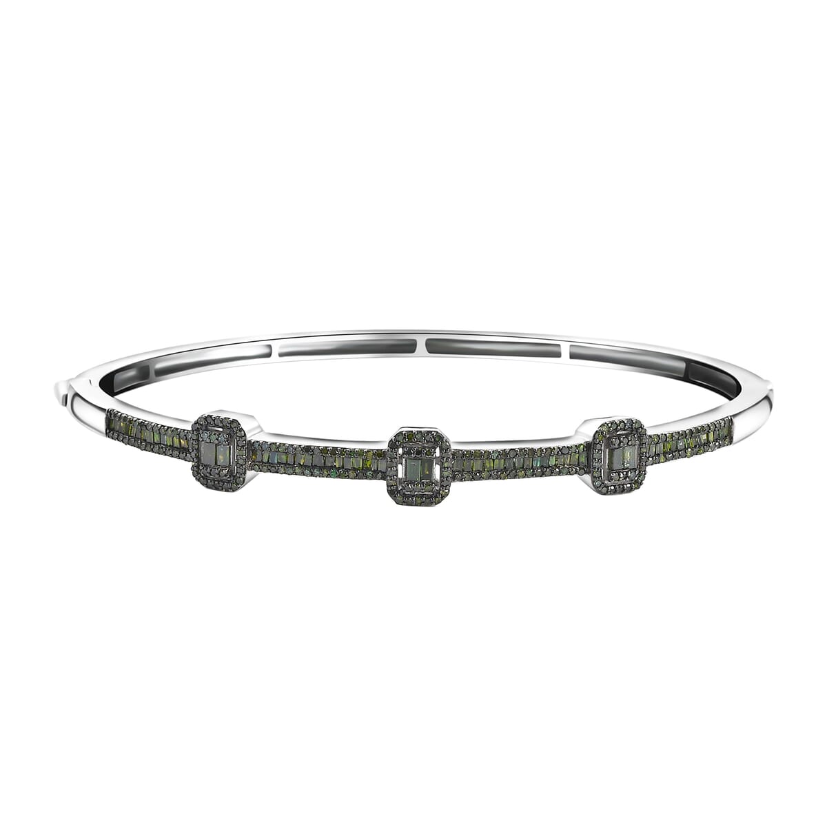 Green Diamond 1.00 ctw Art Deco Bangle Bracelet in Rhodium Over Sterling Silver (7.25 In) image number 0