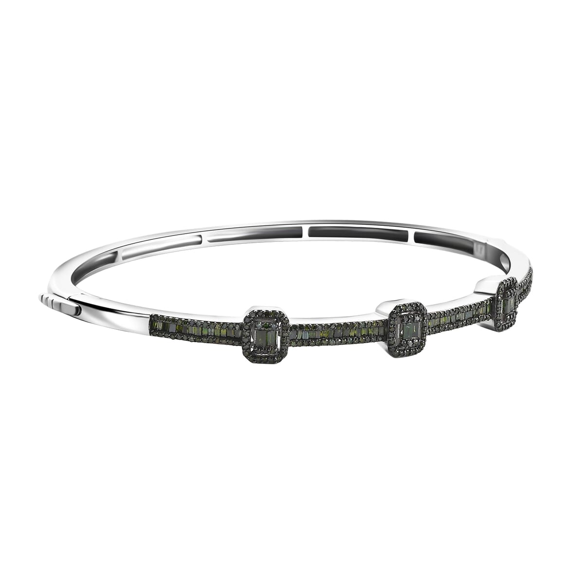 Green Diamond 1.00 ctw Art Deco Bangle Bracelet in Rhodium Over Sterling Silver (7.25 In) image number 3