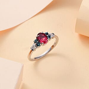 Premium Ouro Fino Rubellite, Indicolite and Moissanite 1.15 ctw Eternal Love Ring in Rhodium Over Sterling Silver (Size 10.0)