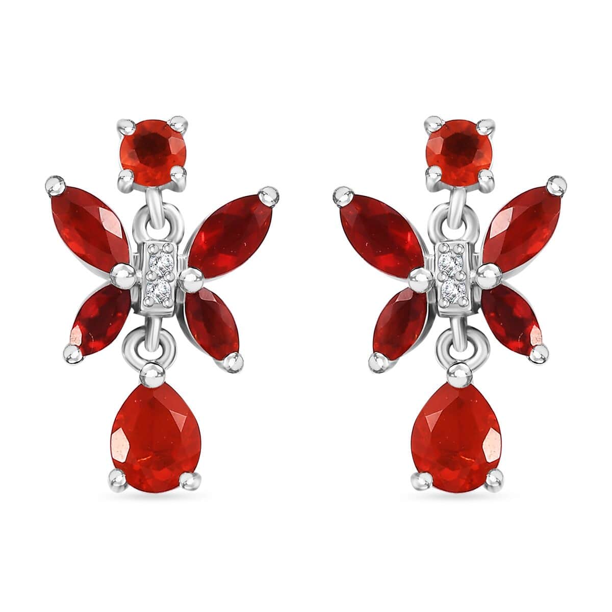 Mexican Cherry Fire Opal and Moissanite 1.20 ctw Butterfly Earrings in Rhodium Over Sterling Silver image number 0