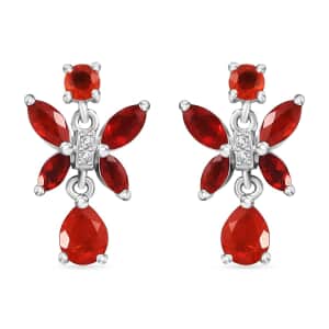 Mexican Cherry Fire Opal and Moissanite 1.20 ctw Butterfly Earrings in Rhodium Over Sterling Silver