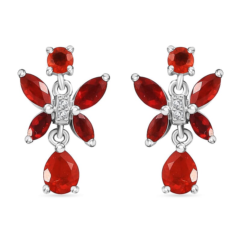 Mexican Cherry Fire Opal and Moissanite 1.20 ctw Butterfly Earrings in Rhodium Over Sterling Silver