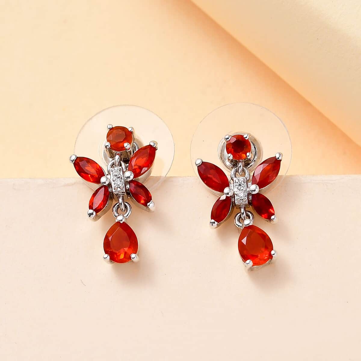 Mexican Cherry Fire Opal and Moissanite 1.20 ctw Butterfly Earrings in Rhodium Over Sterling Silver image number 1