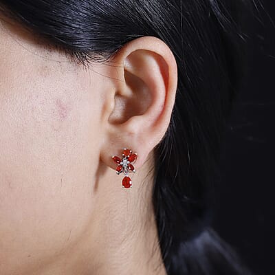 Mexican Cherry Fire Opal and Moissanite 1.20 ctw Butterfly Earrings in Rhodium Over Sterling Silver