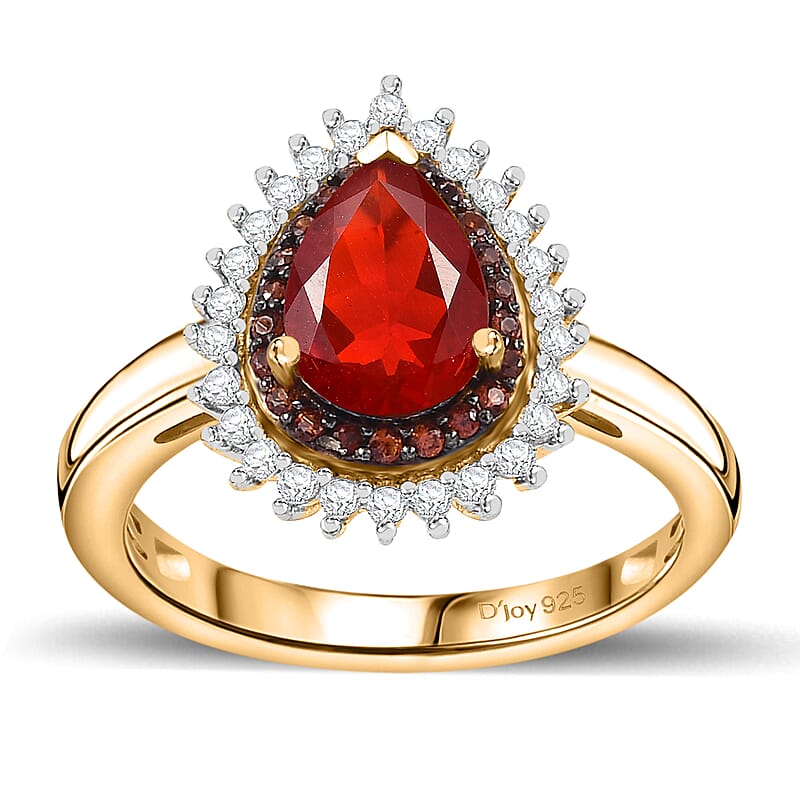 Mexican Cherry Fire Opal, Brown and White Zircon 1.20 ctw Double Halo Ring in 18K Vermeil Yellow Gold Over Sterling Silver (Size 10.0)