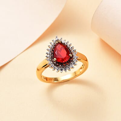 Mexican Cherry Fire Opal, Brown and White Zircon 1.20 ctw Double Halo Ring in 18K Vermeil Yellow Gold Over Sterling Silver (Size 10.0)