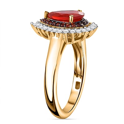 Mexican Cherry Fire Opal, Brown and White Zircon 1.20 ctw Double Halo Ring in 18K Vermeil Yellow Gold Over Sterling Silver (Size 10.0)
