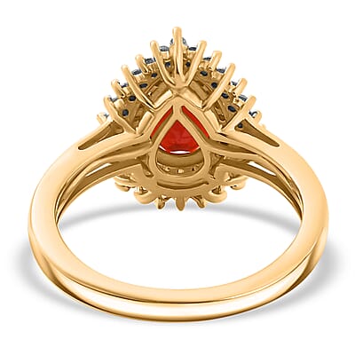 Mexican Cherry Fire Opal, Brown and White Zircon 1.20 ctw Double Halo Ring in 18K Vermeil Yellow Gold Over Sterling Silver (Size 10.0)