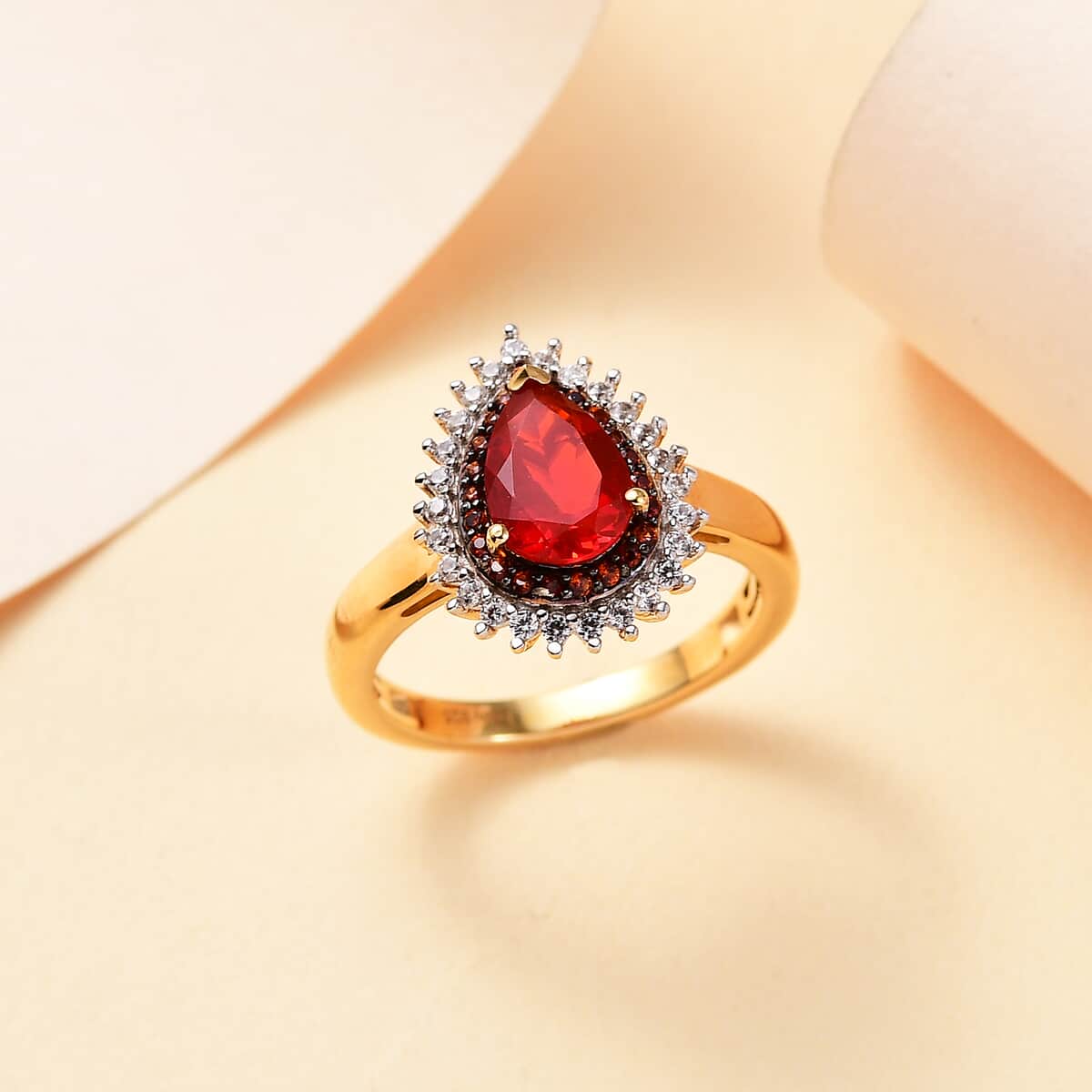 Mexican Cherry Fire Opal, Brown and White Zircon 1.20 ctw Double Halo Ring in 18K Vermeil Yellow Gold Over Sterling Silver (Size 7.0) image number 1