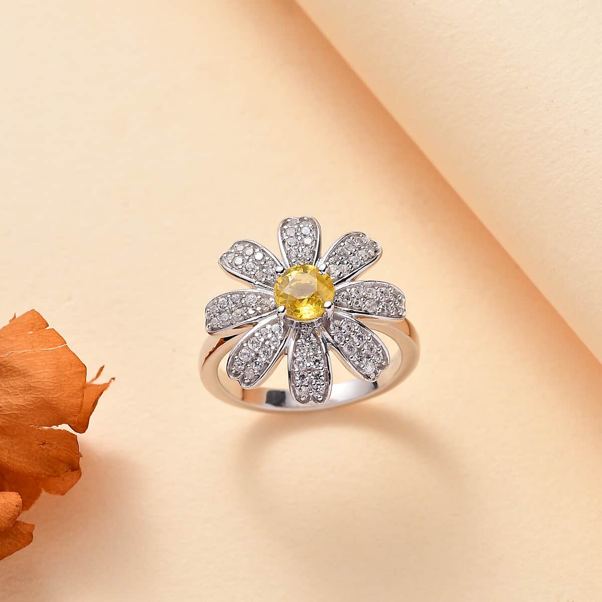 Madagascar Yellow Sapphire, White Zircon Floral Ring in Rhodium Over Sterling Silver (Size 9.0) 1.25 ctw image number 1