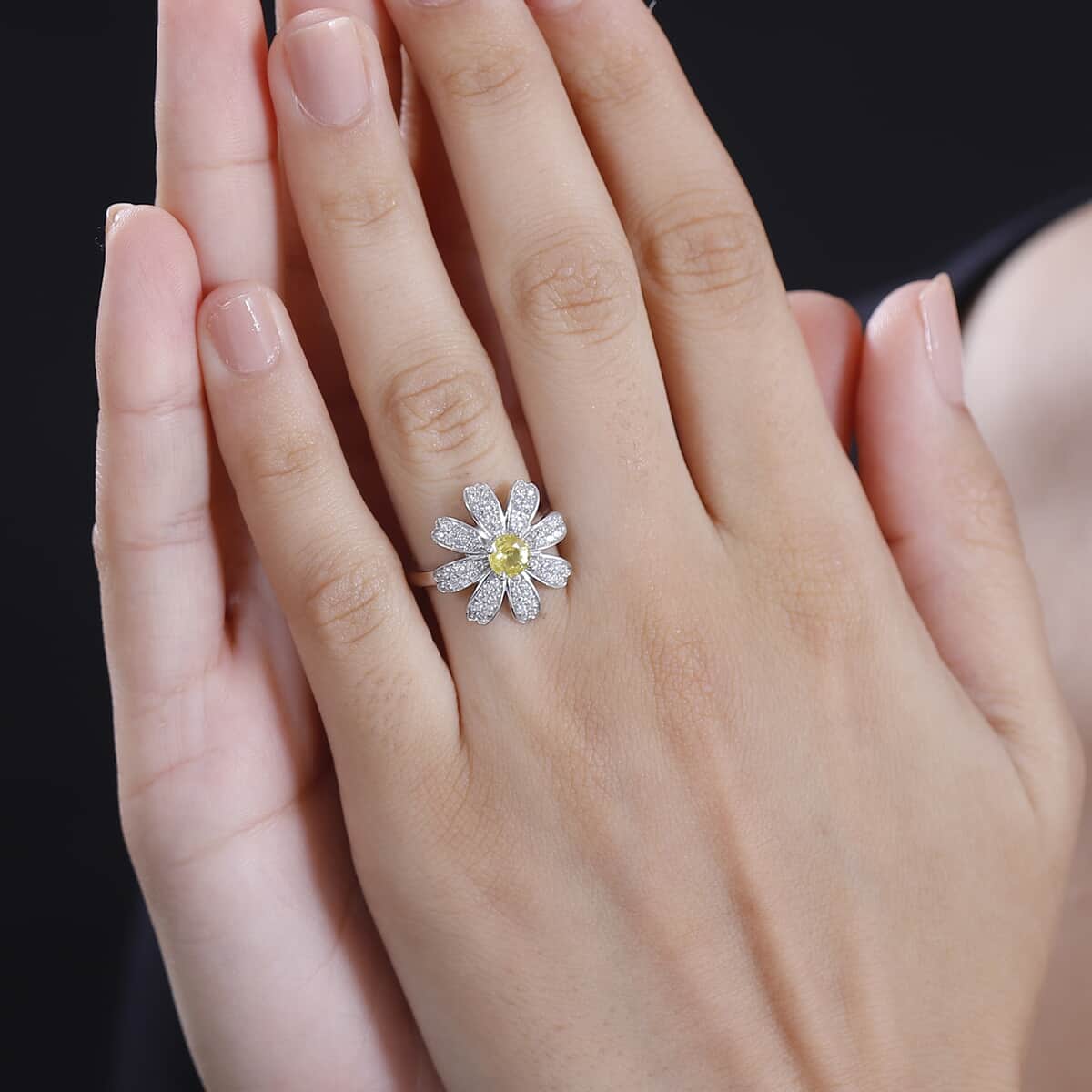 Madagascar Yellow Sapphire, White Zircon Floral Ring in Rhodium Over Sterling Silver (Size 9.0) 1.25 ctw image number 2