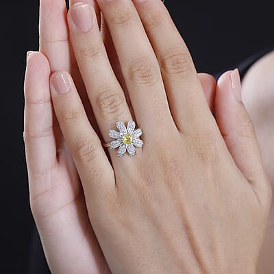 Madagascar Yellow Sapphire and White Zircon 1.25 ctw Daisy Floral Ring in Rhodium Over Sterling Silver (Size 10.0)