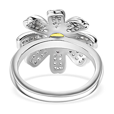 Madagascar Yellow Sapphire and White Zircon 1.25 ctw Daisy Floral Ring in Rhodium Over Sterling Silver (Size 10.0)