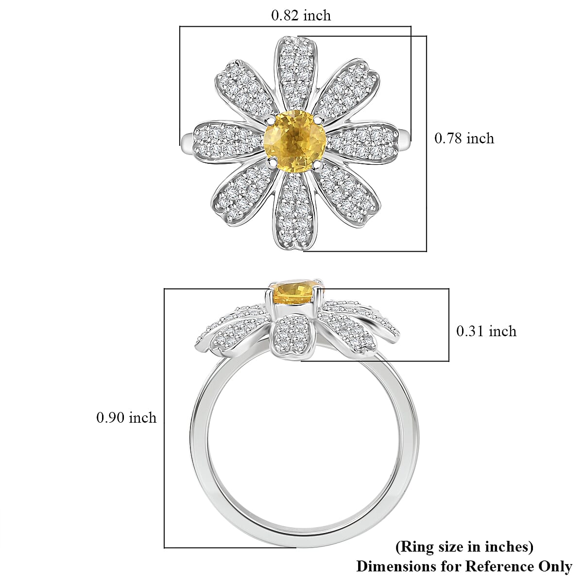 Madagascar Yellow Sapphire and White Zircon 1.25 ctw Daisy Floral Ring in Rhodium Over Sterling Silver (Size 10.0)