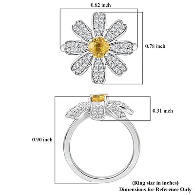 Madagascar Yellow Sapphire and White Zircon 1.25 ctw Daisy Floral Ring in Rhodium Over Sterling Silver (Size 10.0)