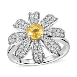 Madagascar Yellow Sapphire and White Zircon 1.25 ctw Daisy Floral Ring in Rhodium Over Sterling Silver (Size 6.0)