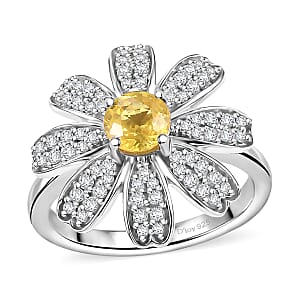 Madagascar Yellow Sapphire and White Zircon 1.25 ctw Daisy Floral Ring in Rhodium Over Sterling Silver (Size 8.0)