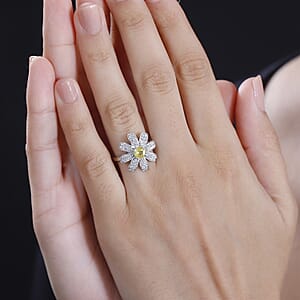 Madagascar Yellow Sapphire and White Zircon 1.25 ctw Daisy Floral Ring in Rhodium Over Sterling Silver (Size 8.0)