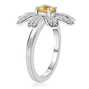Madagascar Yellow Sapphire and White Zircon 1.25 ctw Daisy Floral Ring in Rhodium Over Sterling Silver (Size 8.0)