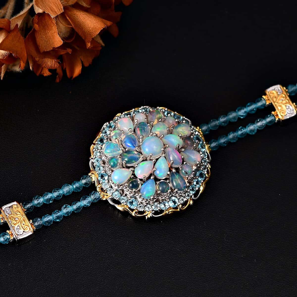 Premium Ethiopian Welo Opal and Paraiba Apatite 18.90 ctw Bracelet in 18K Vermeil YG and Rhodium Over Sterling Silver (7.25 In) (Del. in 8-10 Days) image number 2