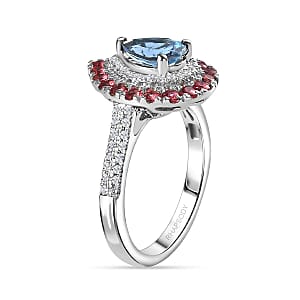 Certified & Appraised Rhapsody AAAA Santa Maria Aquamarine, Ouro Fino Rubellite and E-F VS Diamond 2.00 ctw Double Halo Ring in 950 Platinum (Size 10.5) 6.78 Grams