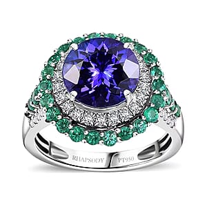 Certified & Appraised Rhapsody AAAA Tanzanite, Boyaca Colombian Emerald and E-F VS Diamond 4.22 ctw Ring in 950 Platinum (Size 10.0) 7.03 Grams