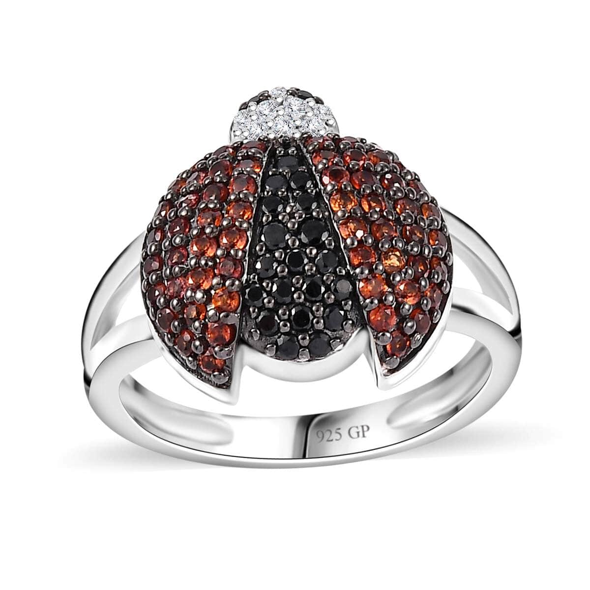 GP Thai Black Spinel and White Zircon 1.00 ctw ladybug Ring in Rhodium Over Sterling Silver image number 0