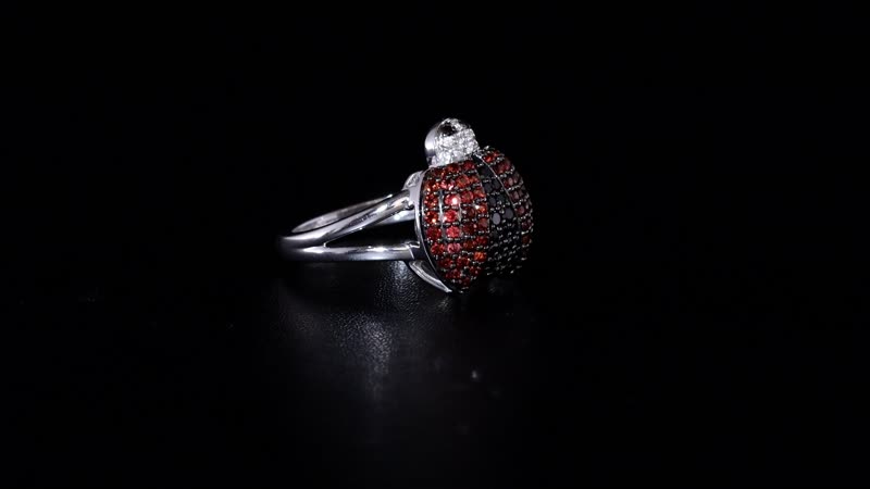 GP Thai Black Spinel and White Zircon 1.00 ctw ladybug Ring in Rhodium Over Sterling Silver