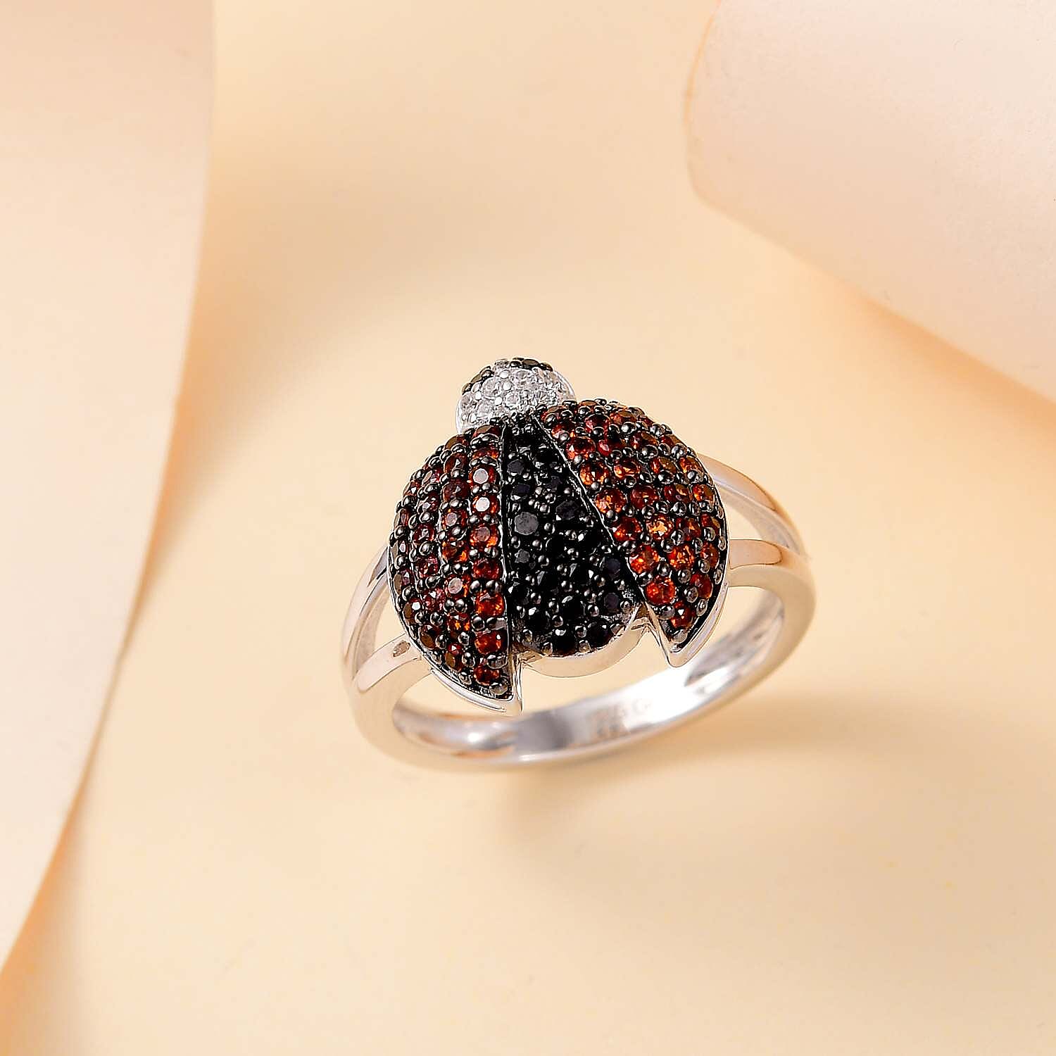 GP Trionfo Collection Thai Black Spinel, White Zircon Ladybug Ring in Rhodium Over Sterling Silver (Size 7.0) 1.00 ctw