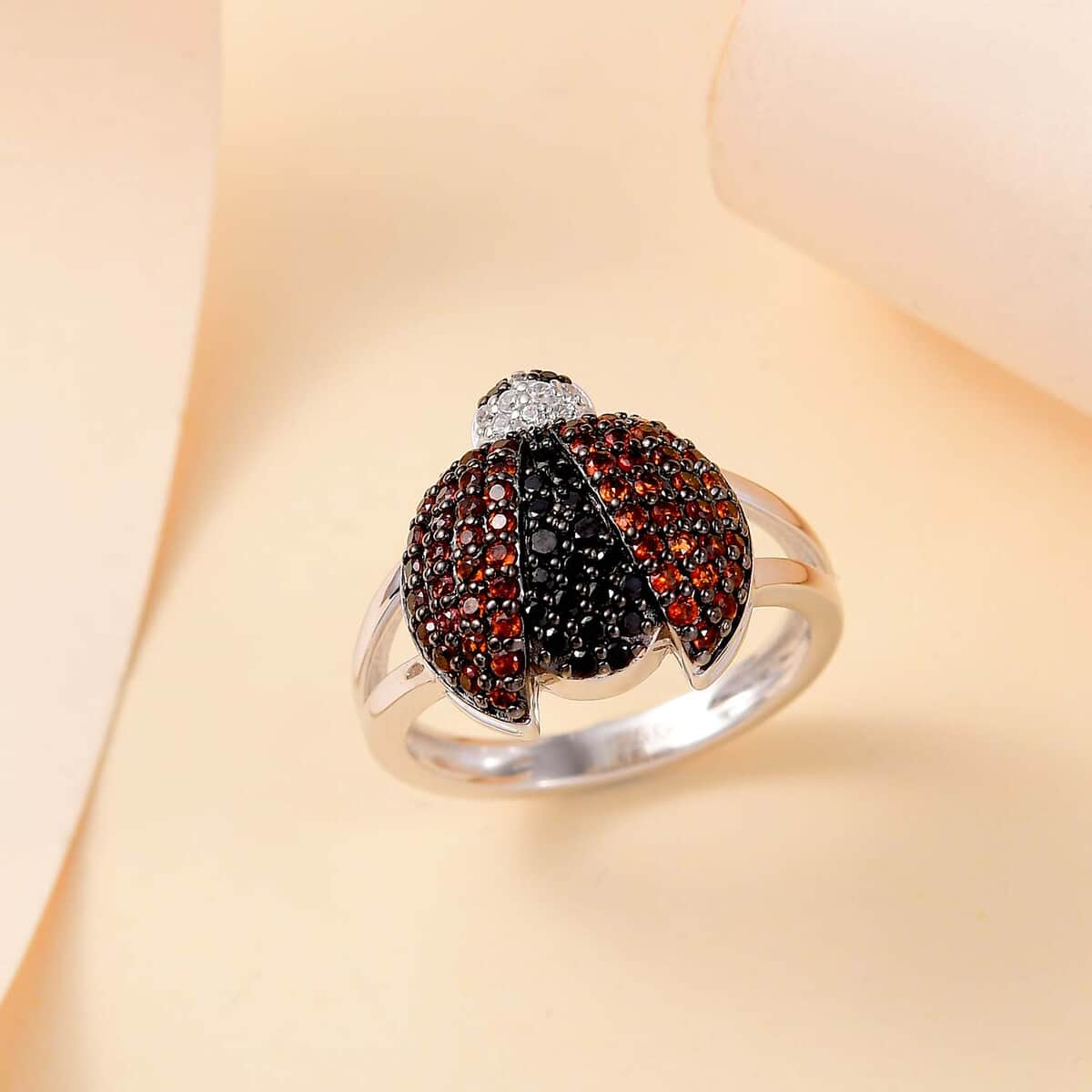 GP Thai Black Spinel and White Zircon 1.00 ctw ladybug Ring in Rhodium Over Sterling Silver image number 1