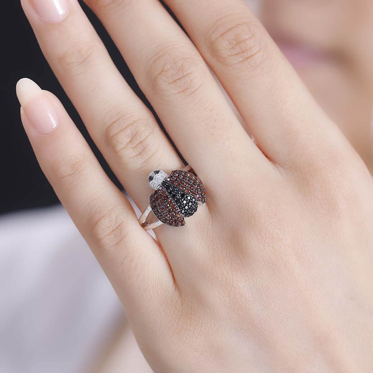 GP Thai Black Spinel and White Zircon 1.00 ctw ladybug Ring in Rhodium Over Sterling Silver image number 2