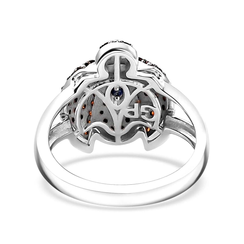 GP Trionfo Collection Thai Black Spinel, White Zircon Ladybug Ring in Rhodium Over Sterling Silver (Size 7.0) 1.00 ctw
