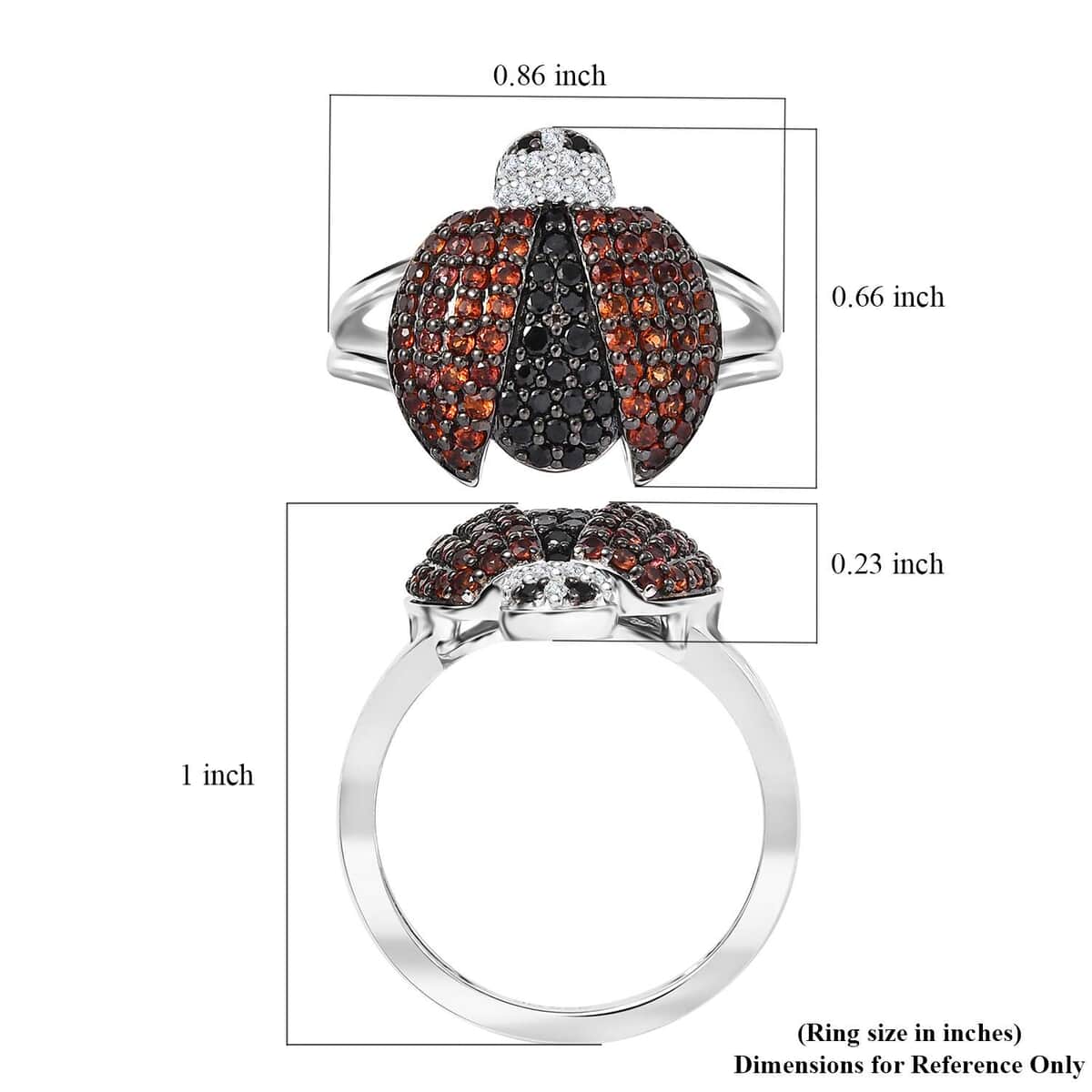 GP Thai Black Spinel and White Zircon 1.00 ctw ladybug Ring in Rhodium Over Sterling Silver image number 5