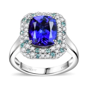 Certified & Appraised Rhapsody AAAA Tanzanite, Paraiba Tourmaline and E-F VS Diamond 4.25 ctw Ring in 950 Platinum (Size 5.0) 8.20 Grams