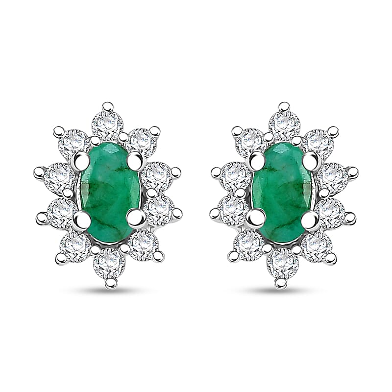 Kagem Zambian Emerald and Moissanite 0.75 ctw Snowflake Earrings in Rhodium Over Sterling Silver