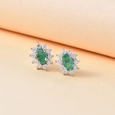 Kagem Zambian Emerald and Moissanite 0.75 ctw Snowflake Earrings in Rhodium Over Sterling Silver
