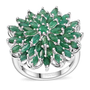 Kagem Zambian Emerald 3.80 ctw Blooming Flower Ring in Rhodium Over Sterling Silver (Size 7.0)