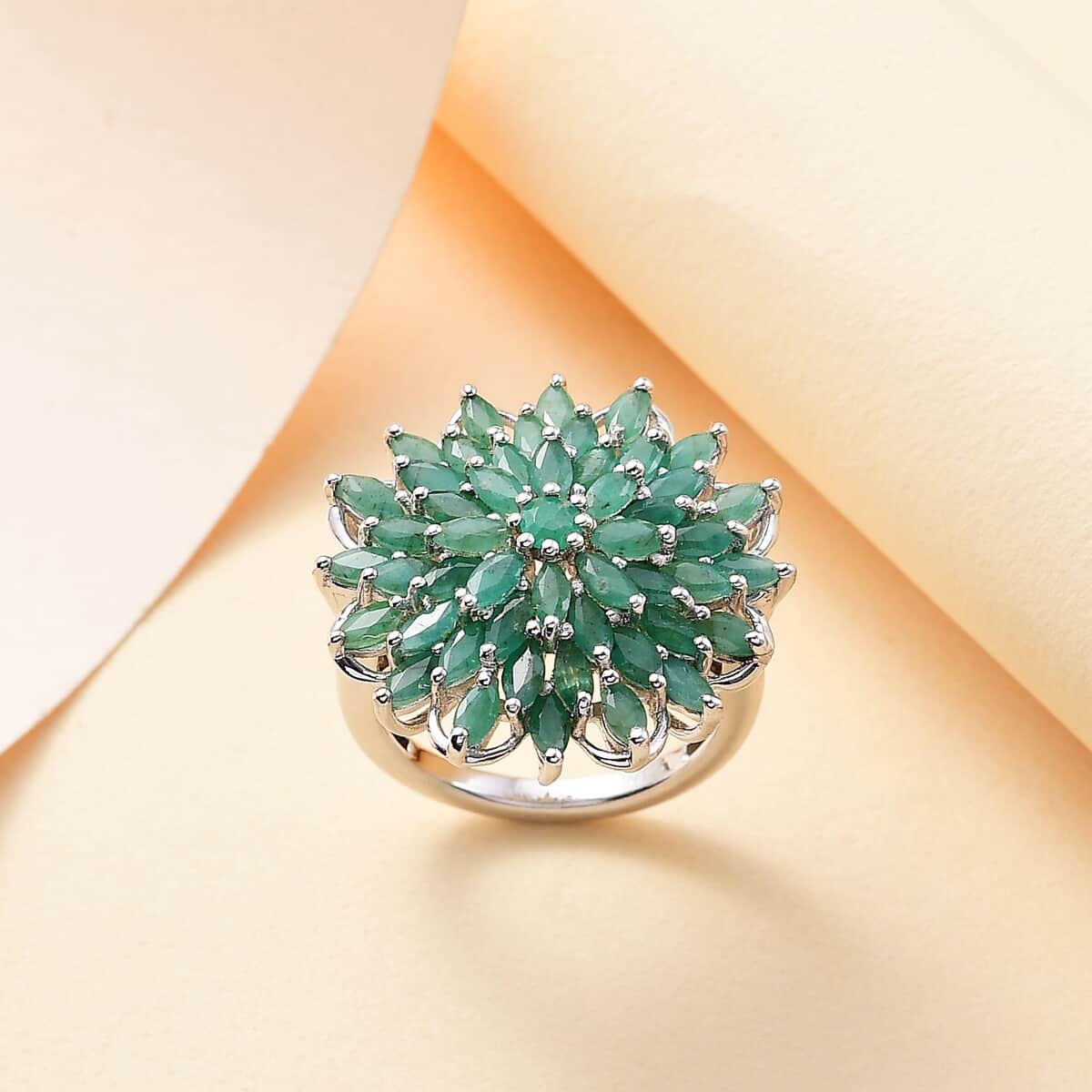 Kagem Zambian Emerald Floral Spray Ring in Rrhodium Over Sterling Silver (Size 7.0) 3.80 ctw image number 1