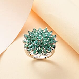 D'Joy Kagem Zambian Emerald 3.80 ctw Blooming Flower Ring in Rhodium Over Sterling Silver (Size 7.0)