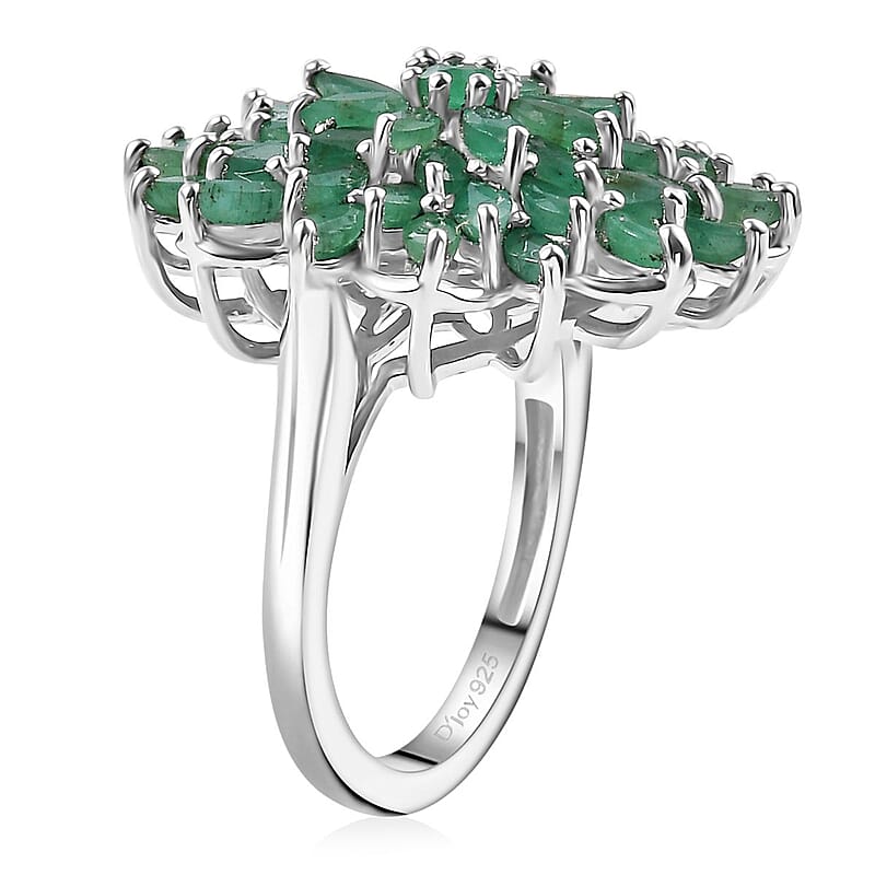 D'Joy Kagem Zambian Emerald 3.80 ctw Blooming Flower Ring in Rhodium Over Sterling Silver (Size 8.0)