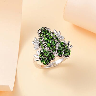 GP Chrome Diopside, White Zircon Ring in Rhodium Over Sterling Silver (Size 7.0) 1.80 ctw