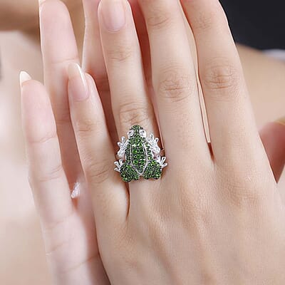 GP Chrome Diopside, White Zircon Ring in Rhodium Over Sterling Silver (Size 7.0) 1.80 ctw
