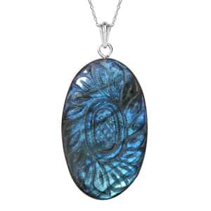 Malagasy Labradorite Carved Flower 75.00 ctw Pendant Necklace in Sterling Silver 20 Inches (Del. in 10-12 Days) 