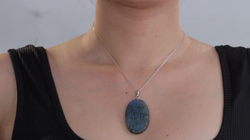 Malagasy Labradorite Carved Flower 75.00 ctw Pendant Necklace in Sterling Silver 20 Inches
