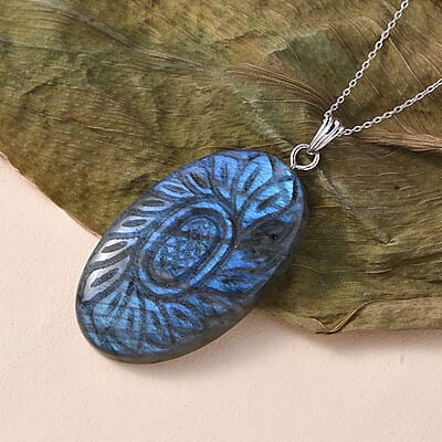 Malagasy Labradorite Carved Flower 75.00 ctw Pendant Necklace in Sterling Silver 20 Inches