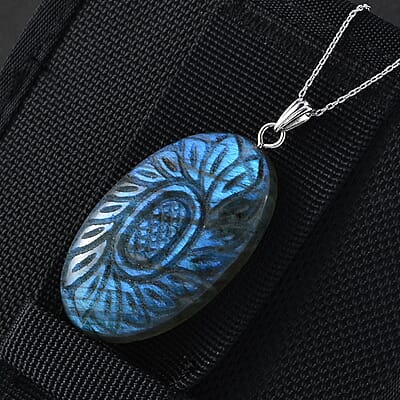 Malagasy Labradorite Carved Flower 75.00 ctw Pendant Necklace in Sterling Silver 20 Inches